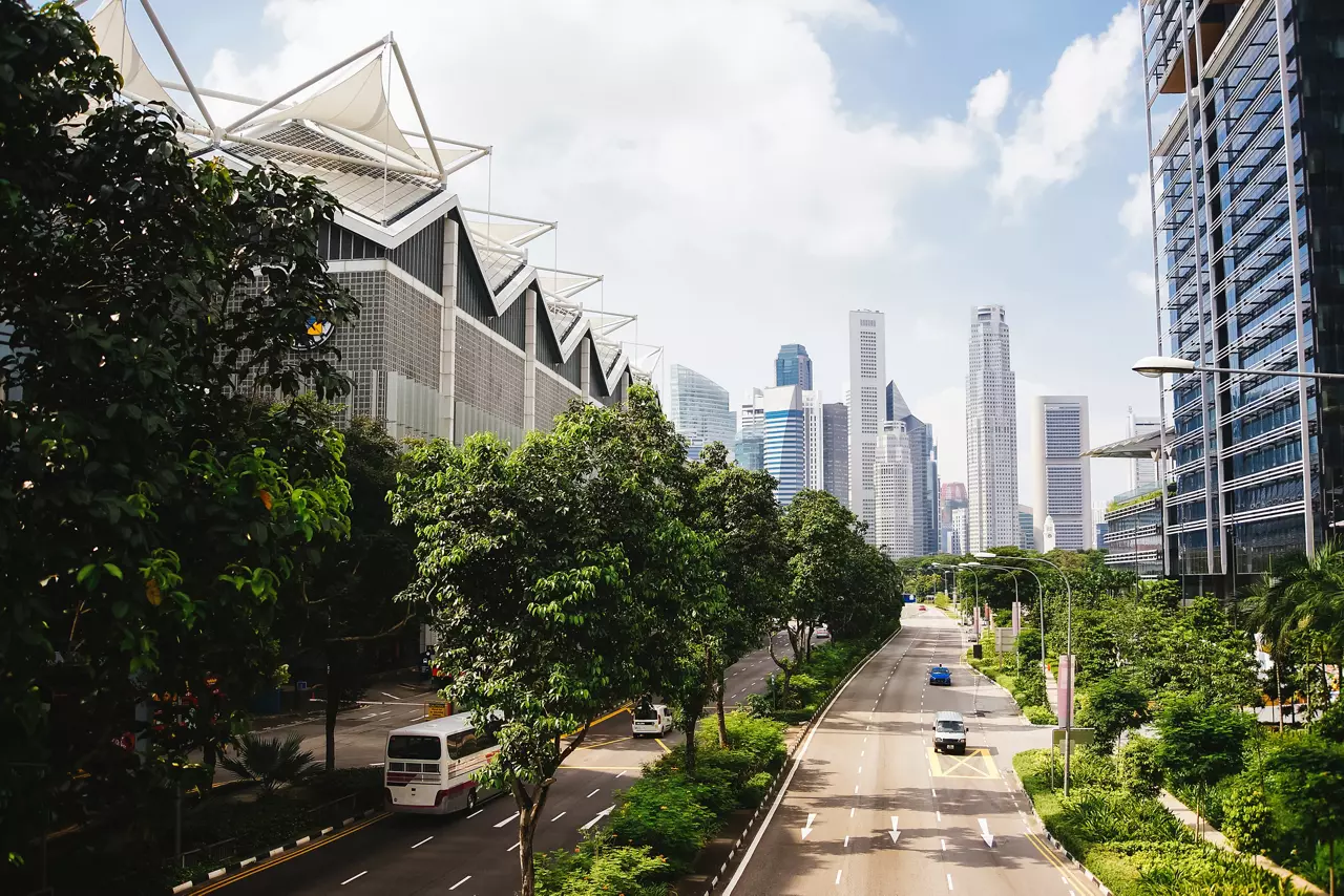 Green city of the future. City of the future. Harmony of city and nature. Sunny day in the big city.
